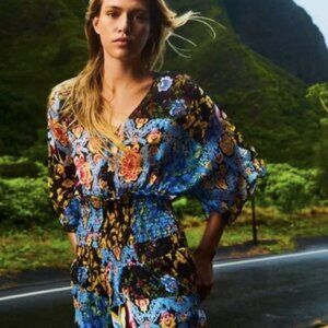 Zara Swim Cover-up patchwork pattern print floral smocked romper jumpsuit